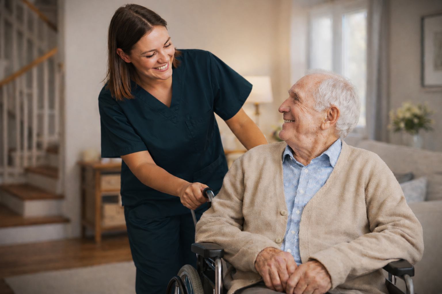 A smiling caregiver in navy scrubs assists an elderly man in a wheelchair inside a cozy home, as they look at each other warmly.